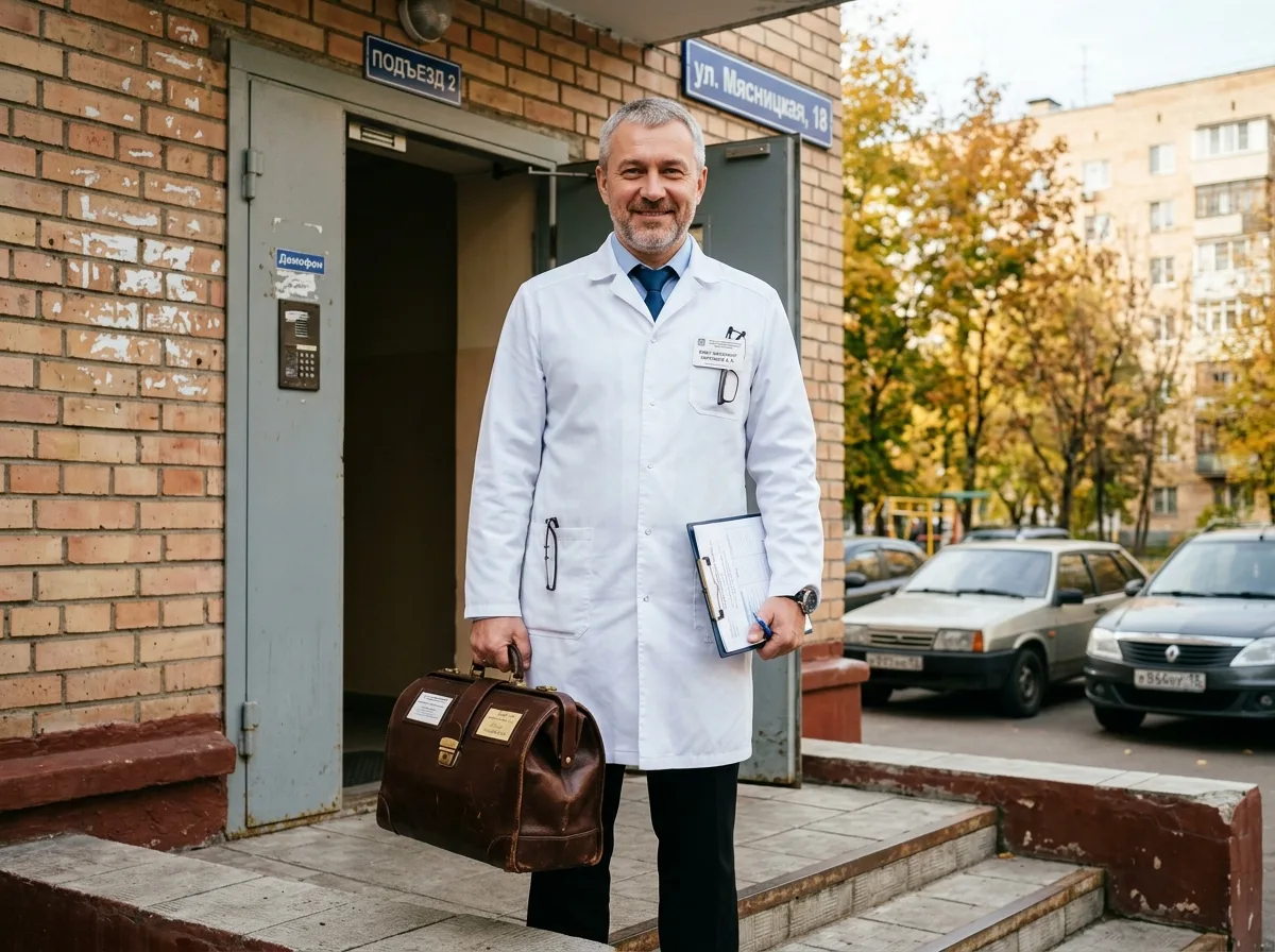 Врач-нарколог в белом халате с медицинским чемоданом, готов к выезду на дом, профессиональный вид, уверенная улыбка